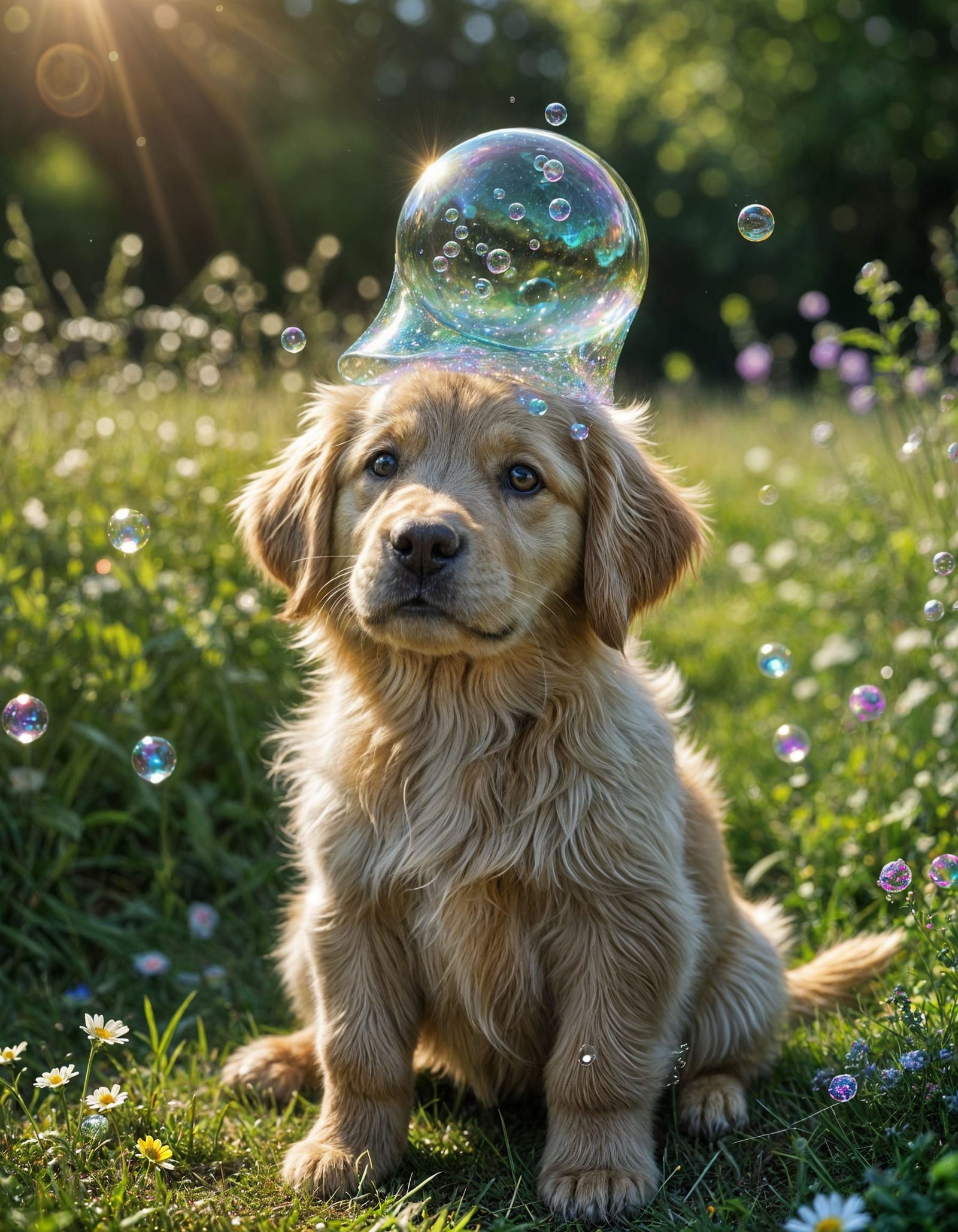 Golden Retriever Puppy with Iridescent Bubble Hat
