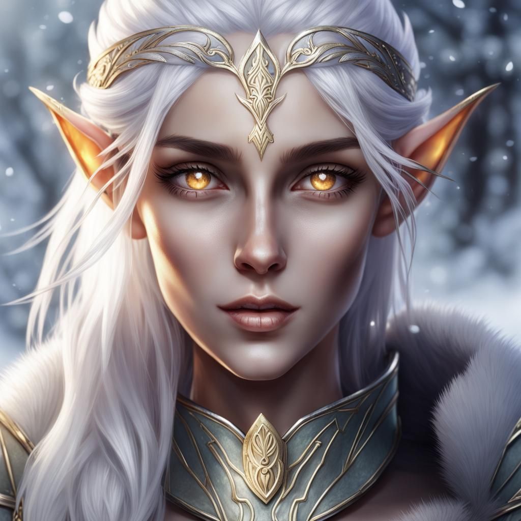 Ethereal Winter Elf Maiden with Golden Eyes and Silver Hair