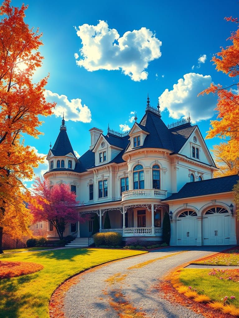 Ethereal Victorian Mansion Amidst Vibrant, Sun-Kissed Landsc...