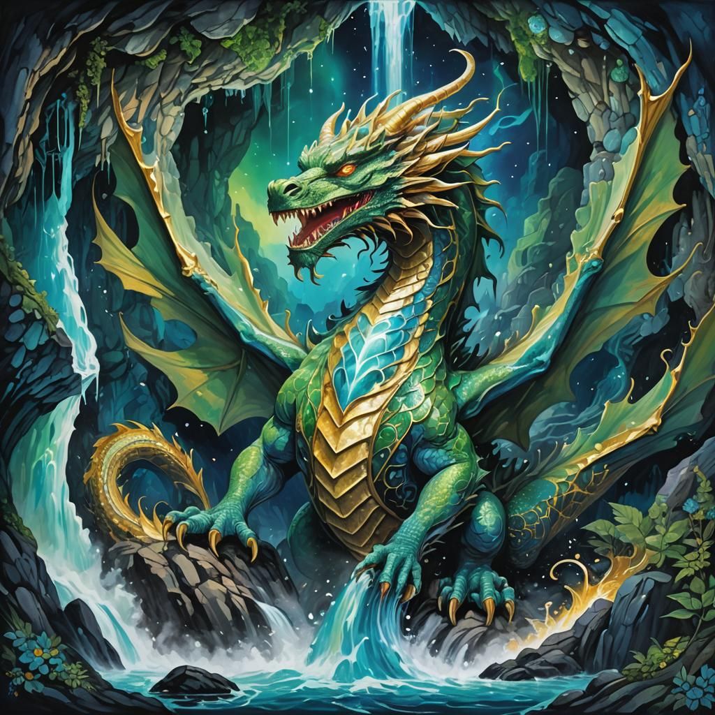A Majestic Blue Lung Dragon Rises under a Cascading Waterfal...