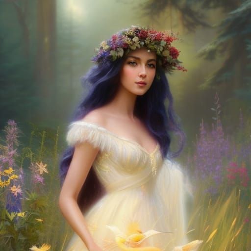 Summer Witch in Ethereal Fantasy Meadow, Oil Painting