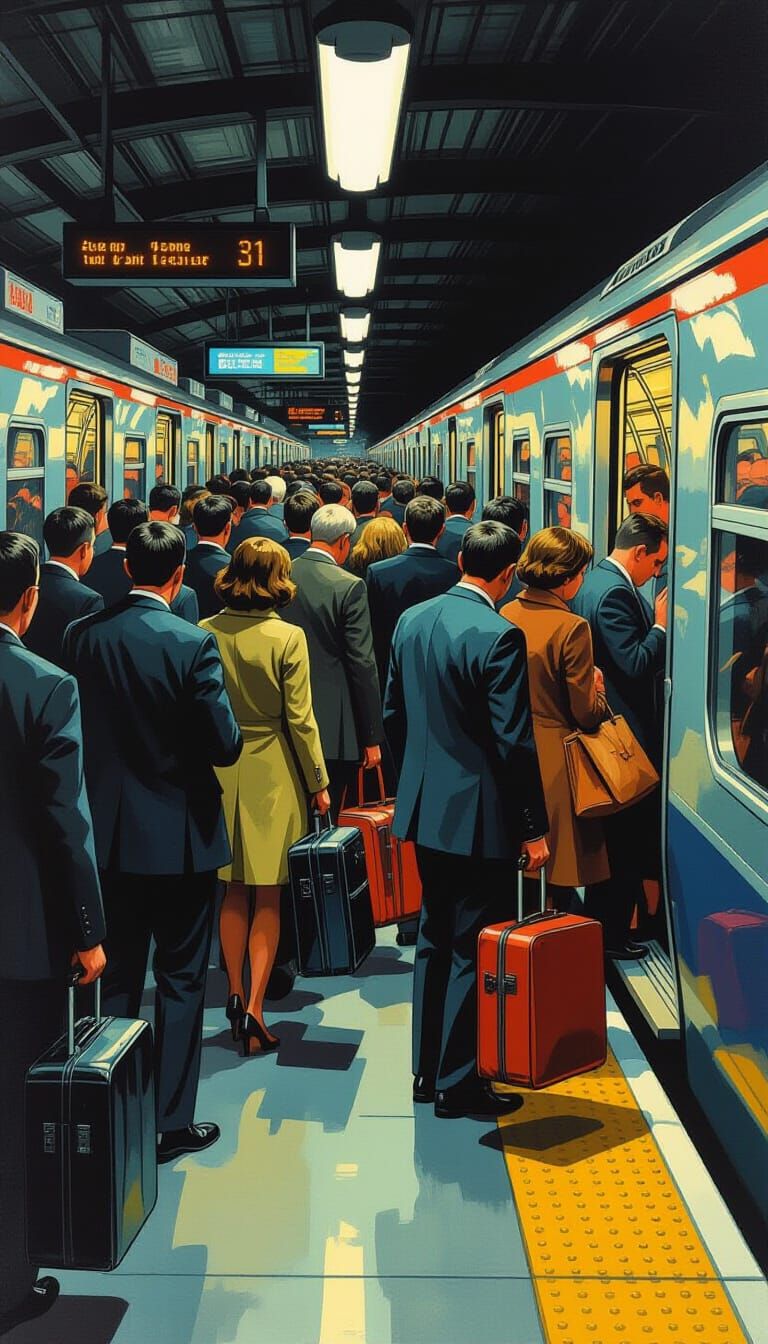 Crowded Train Station Platform Inspired by Syd Mead