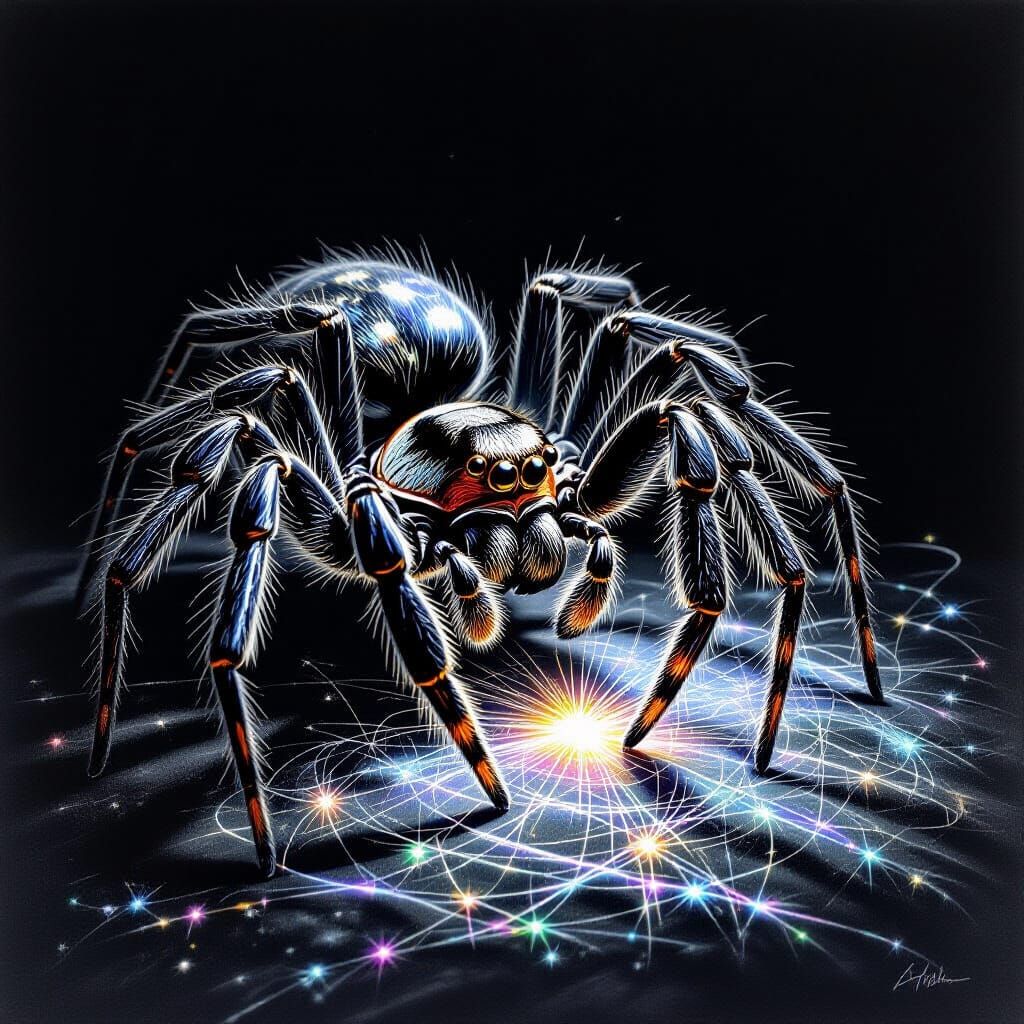 Detailed Charcoal Drawing of Spider Sculpting with Silk