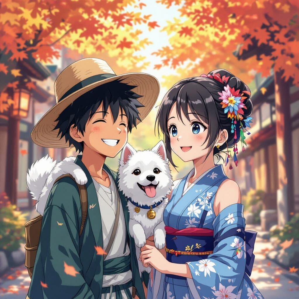 Anime Boy with Dog in Vibrant Surroundings