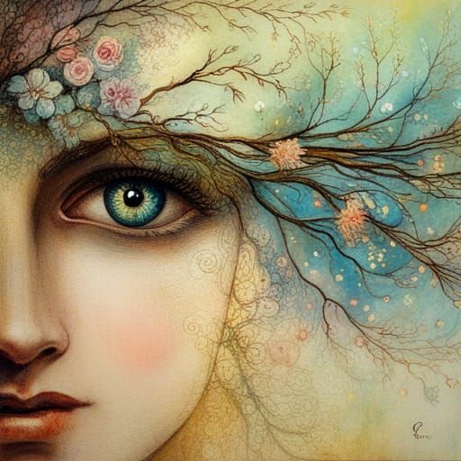 Surreal Goddess with Whimsical Features and Vibrant Flowers