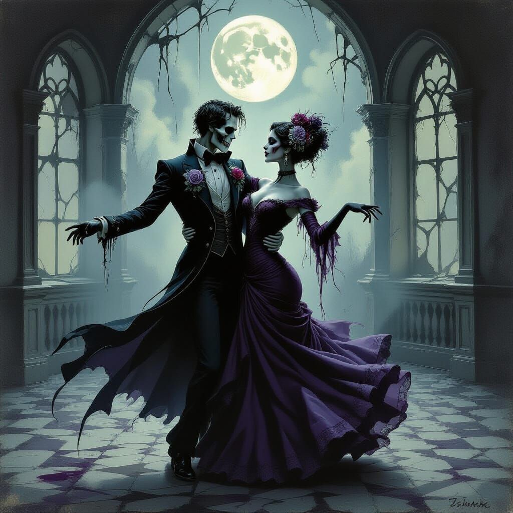 Undead Dancers Waltz in Gothic Ballroom Oil Painting