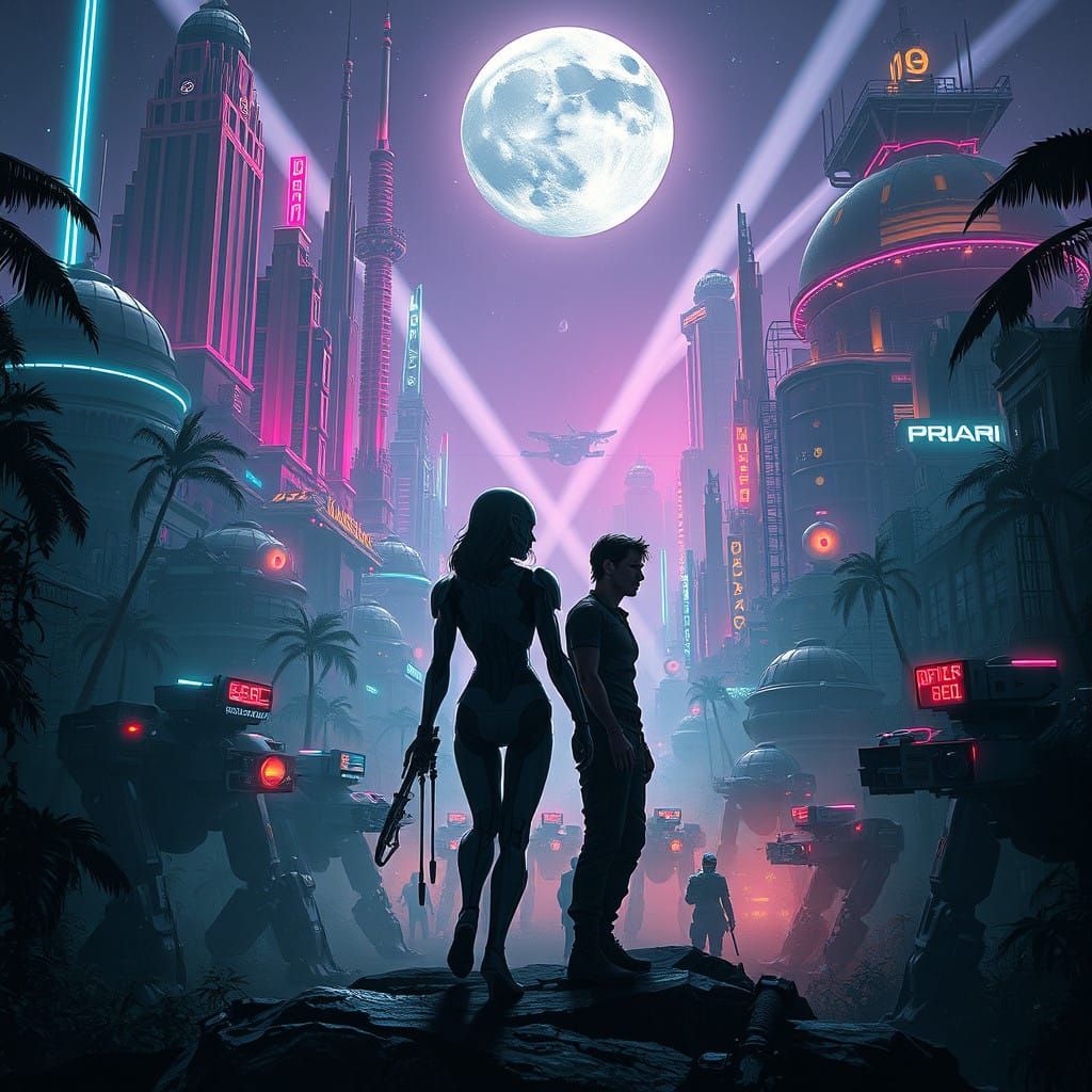 Cyberpunk Apocalypse: Dystopian Jungle Cityscape with Exoske...
