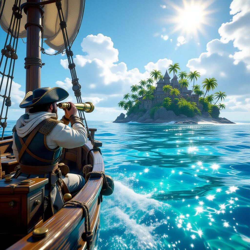 Spanish Explorer Navigating to Tropical Island in 3D Game Ar...