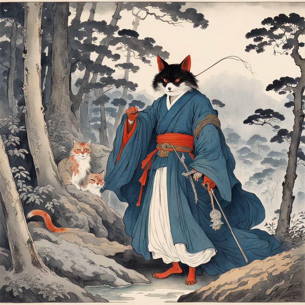 Ethereal Samurai Cat in Watercolor Woodland Scene