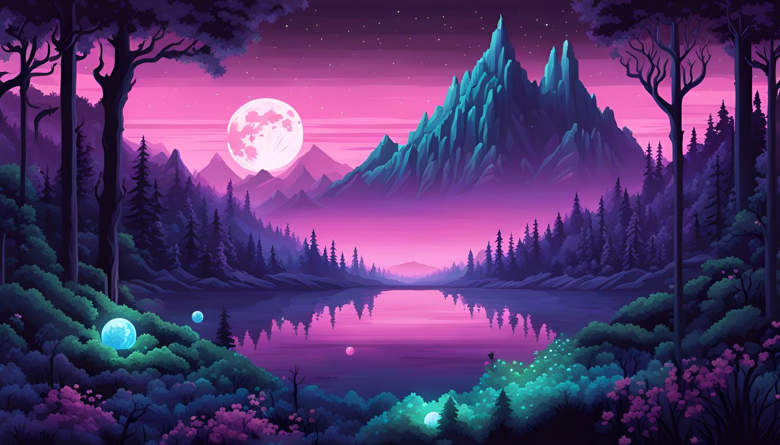 Mystical Cyber Forest Nightscape in Pixel Art