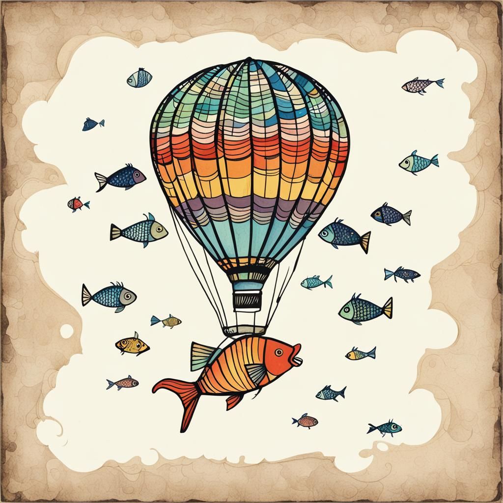 Whimsical Art Brut Fish-Shaped Hot Air Balloon Poster
