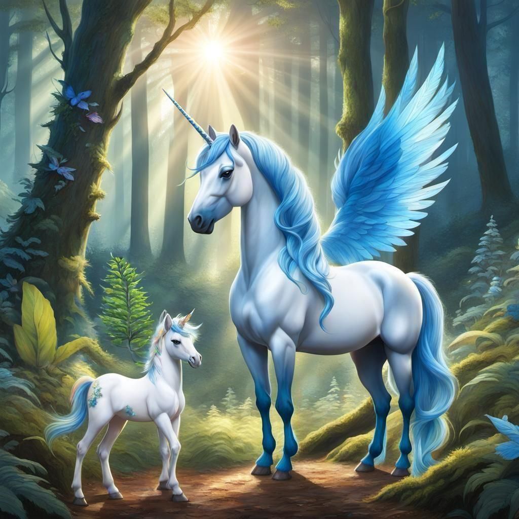 Majestic Unicorn Mother and Filly in Enchanted Whimsical Woo...