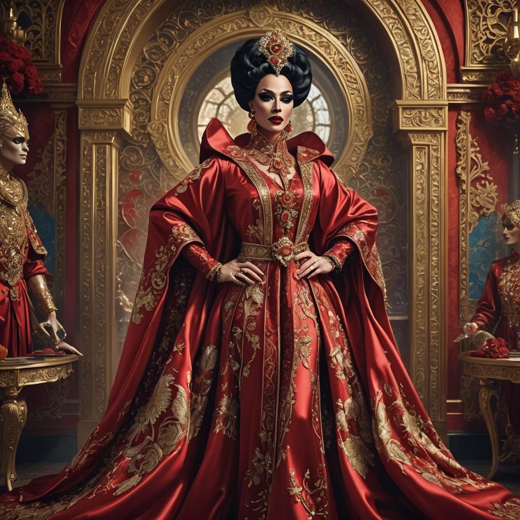 Extravagant Femme Drag Queen in a Vibrant Red Satin Kaftan