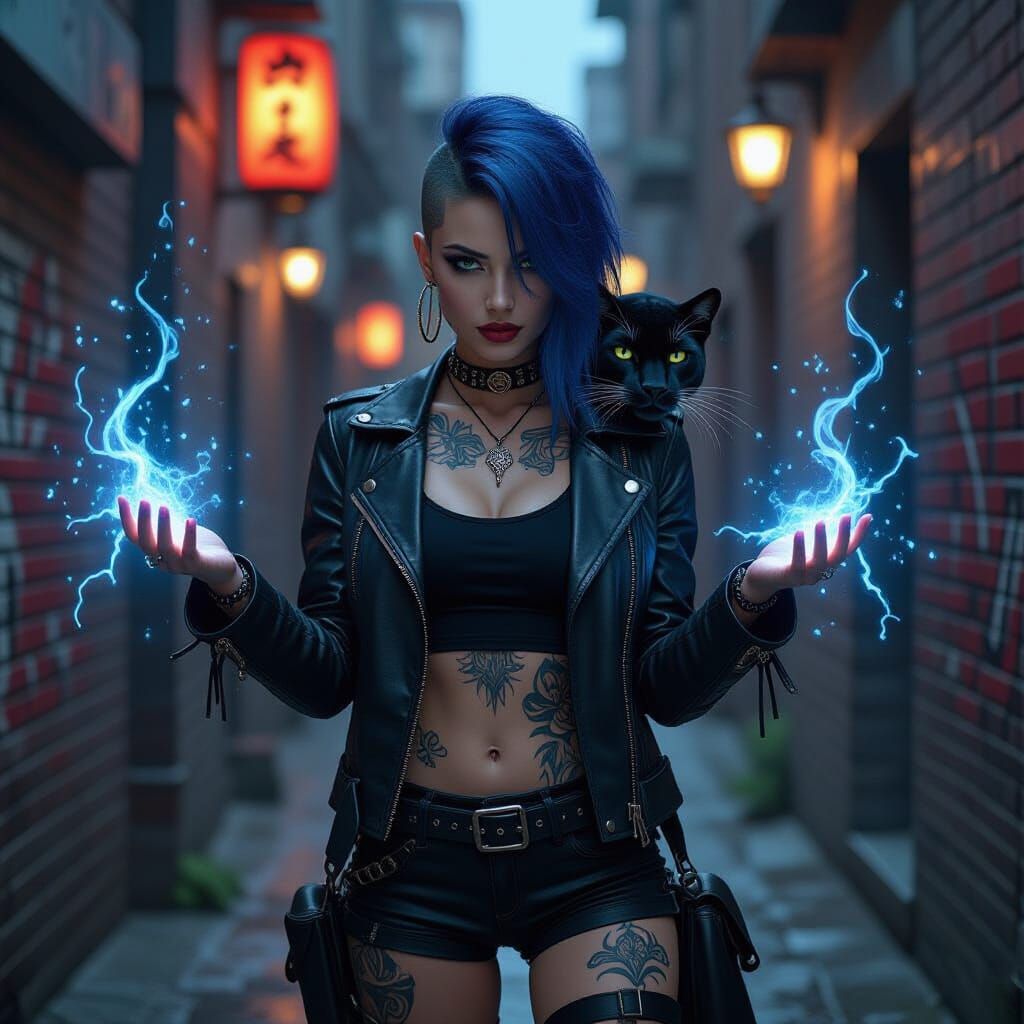 Punk Goth Mage in Alleyway with Panther and Magic