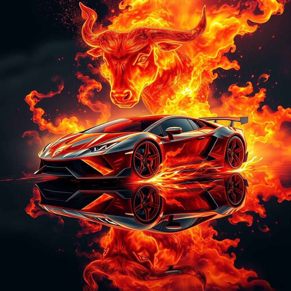 Fiery Lamborghini with Spectral Bull, Digital Art