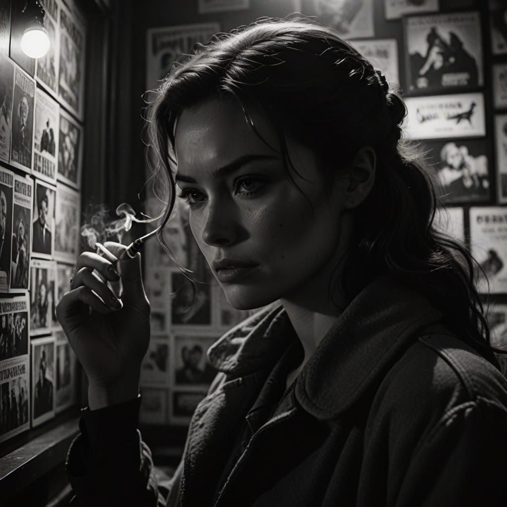 Moody Black and White Film Still of a Girl Smoking