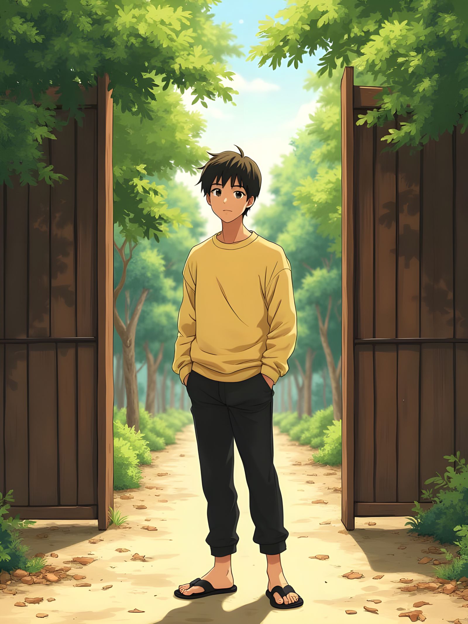 Young Man Stands Confidently in a Village Setting with Warm ...