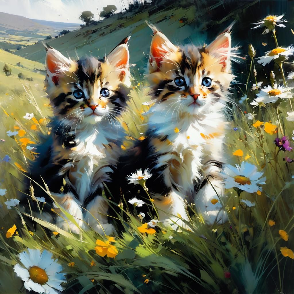 Whimsical Kittens in a Vibrant Summer Meadow
