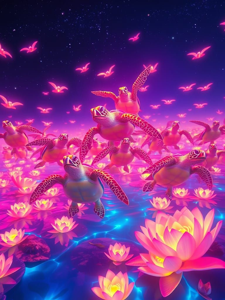 Surreal Sea Turtles Soar Through a Kaleidoscope of Glowing W...