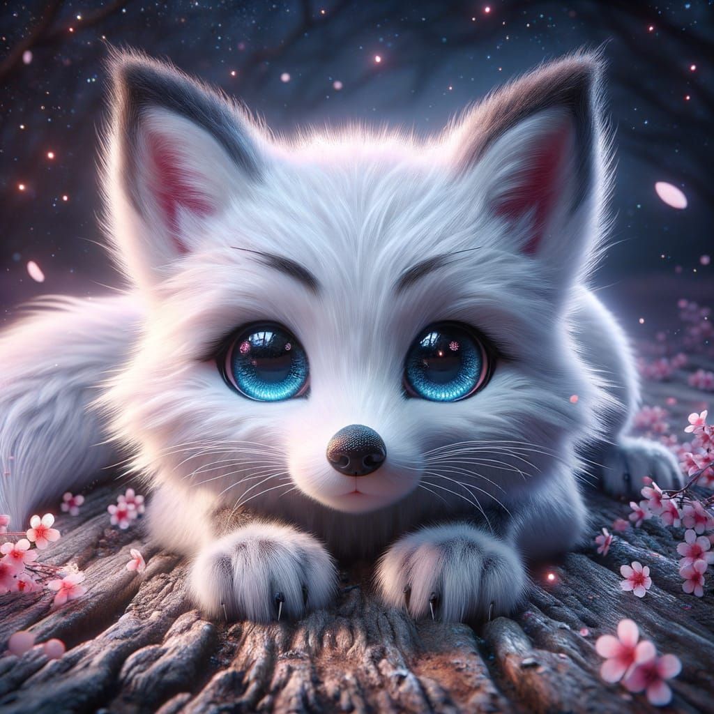 Enchanting Fox in Starlit Cherry Blossom Scene