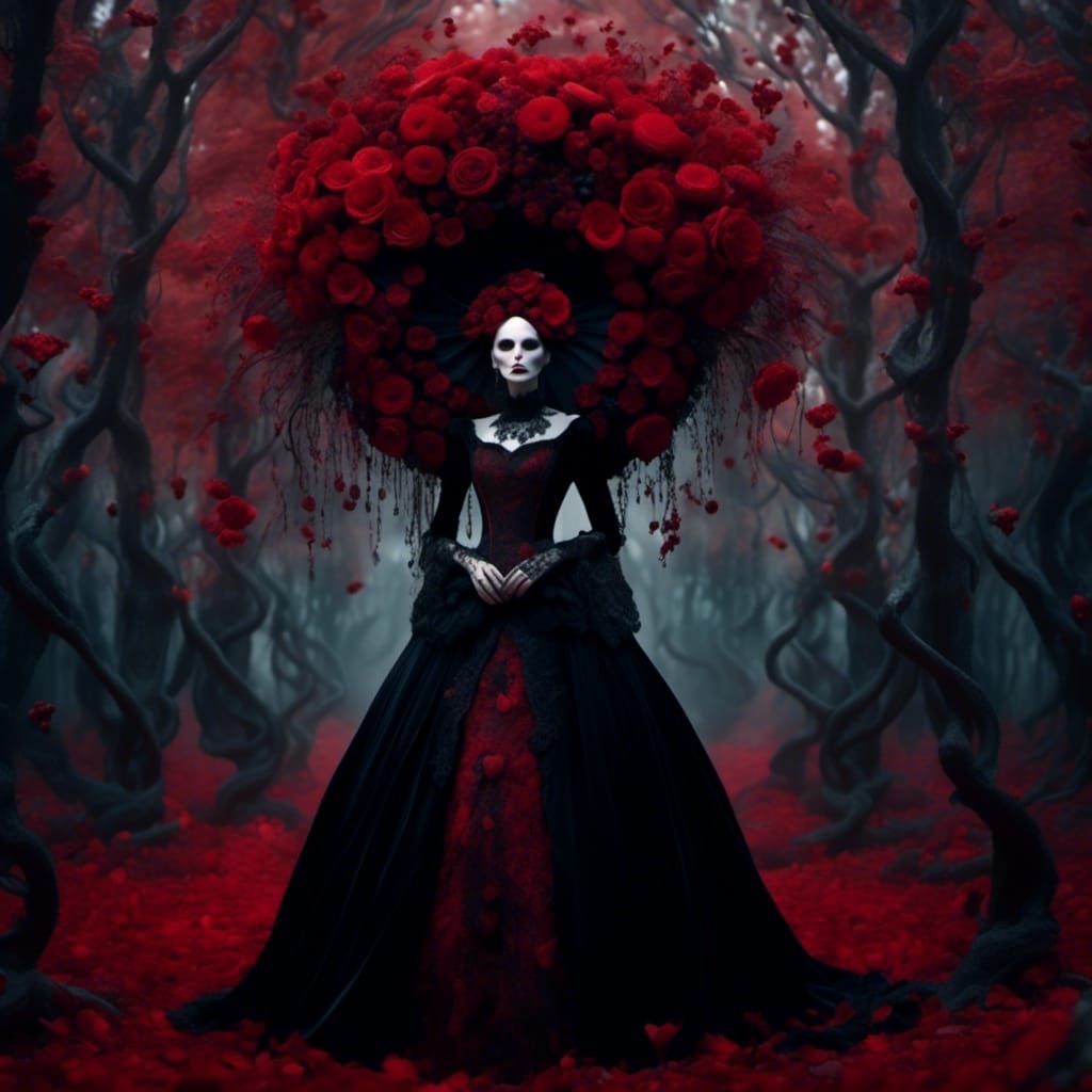 Gothic Lady Adorns Herself with Hyperrealistic Red Florals