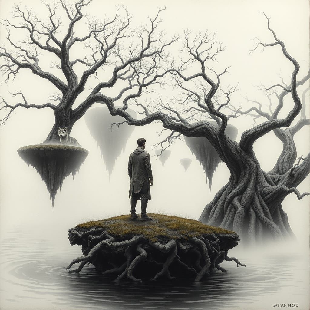 Solitary Figure on Dreamlike Island with Ancient Trees