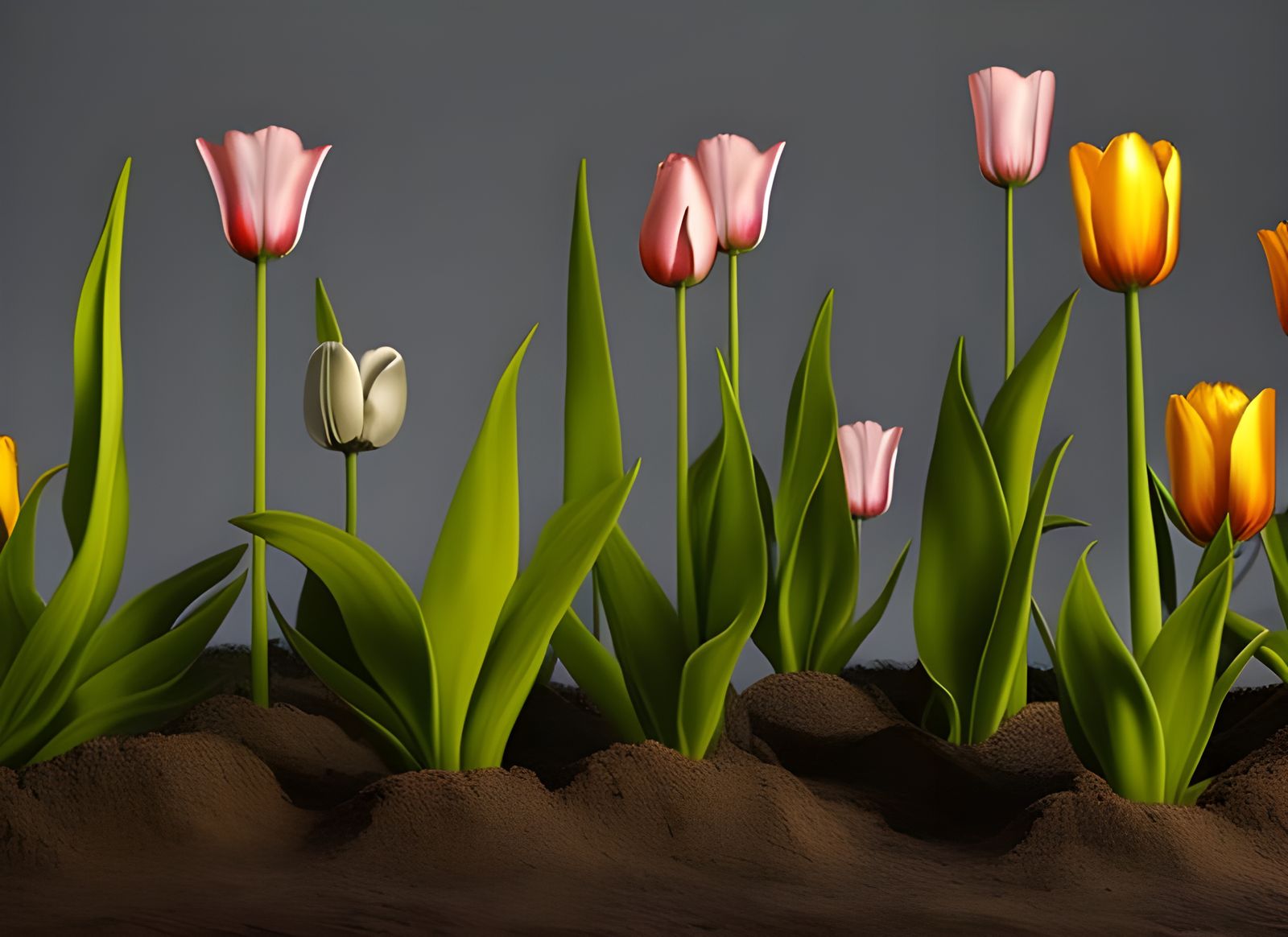 Hyperrealistic Baroque Painting of Tulips in a Muddy Garden...