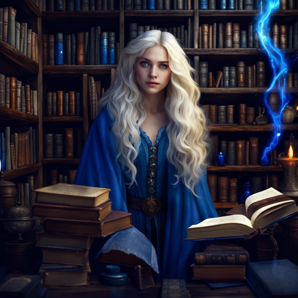 Blonde Woman with Blue Eyes in Potions Room