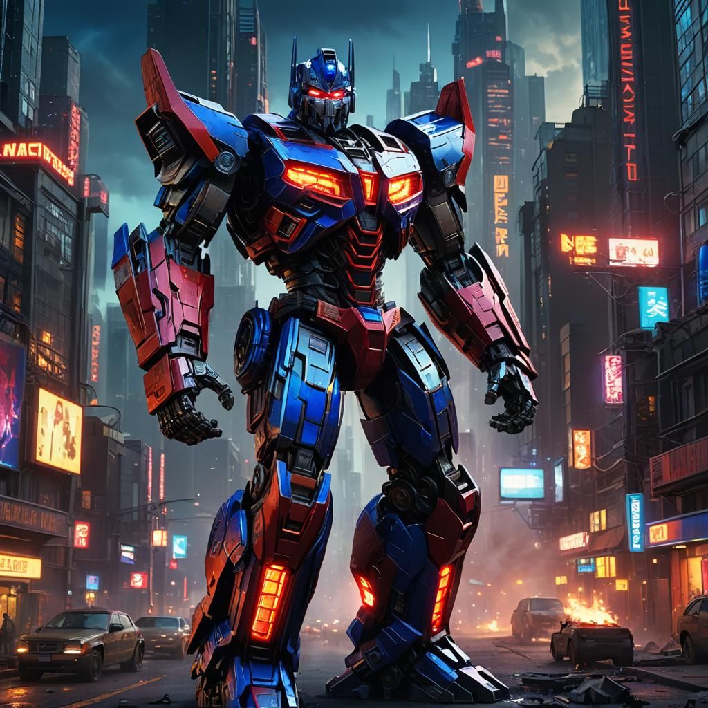 Epic Futuristic Cityscape with Transforming Optimus Prime