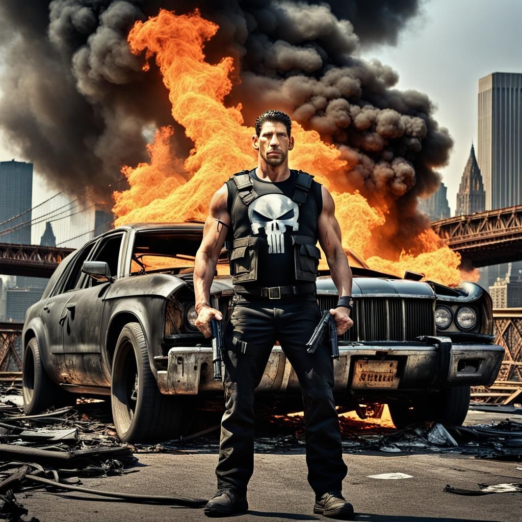 Jon Bernthal Punisher wearing Punisher skull vest, angry, standing on broken up Brooklyn Bridge, apocalyptic times, car ...