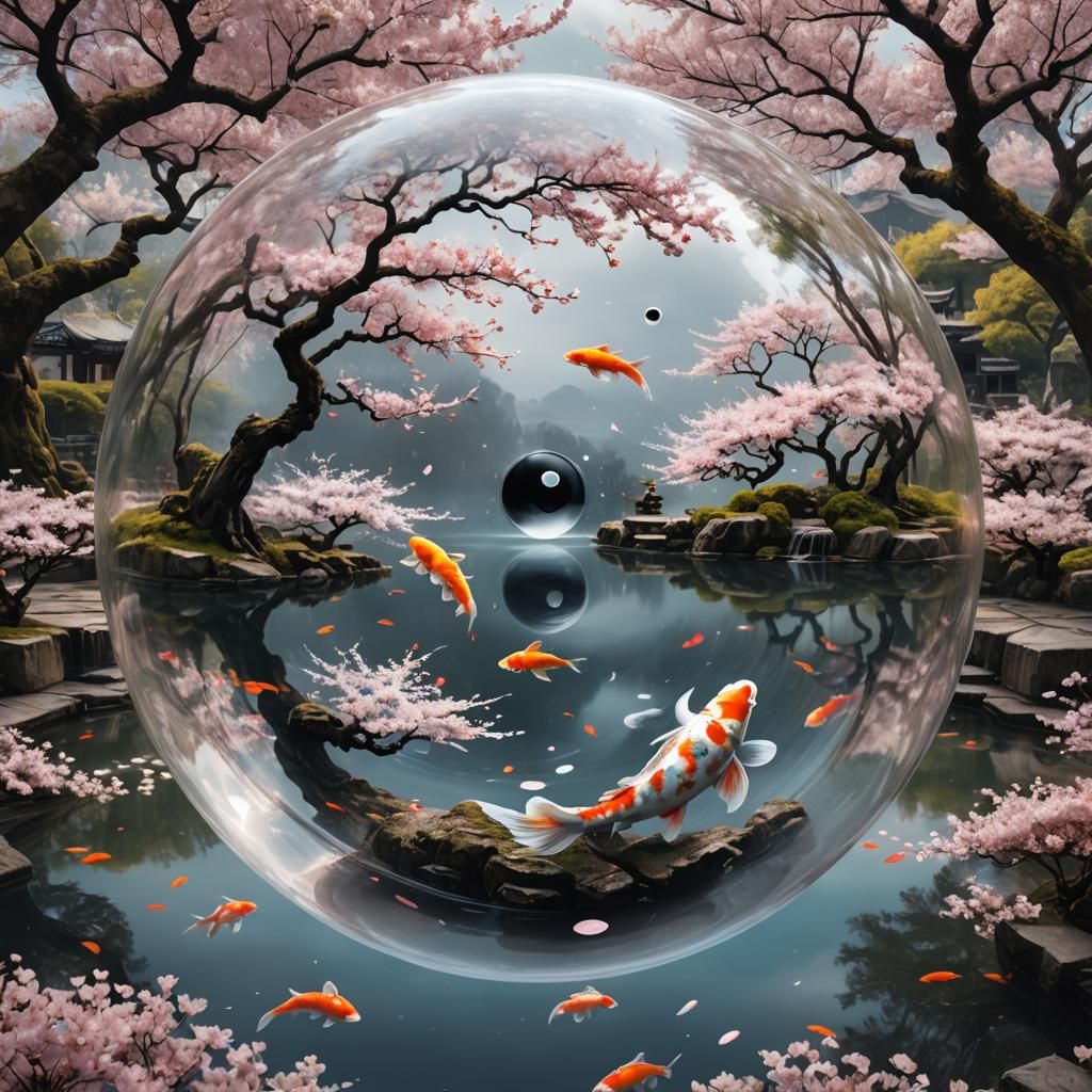 Ying Yang inside a bubble, over a koi fish pond, cherry blos...