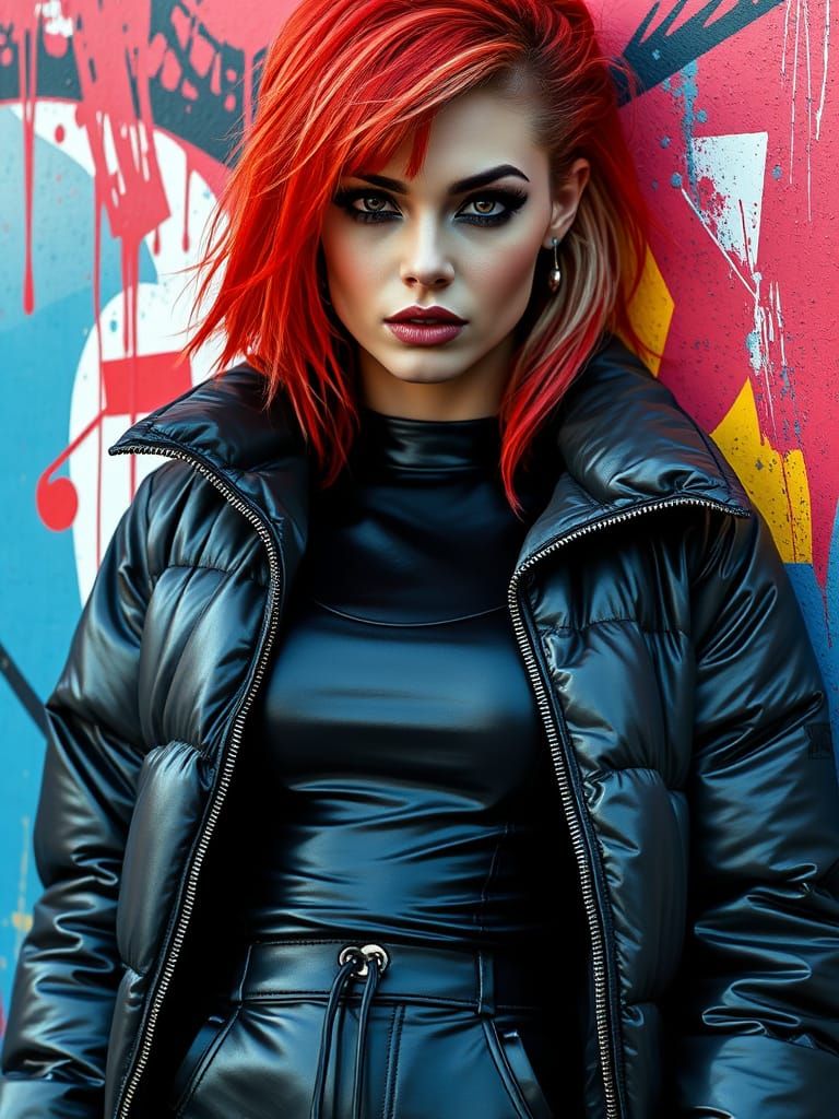 Edgy, Emo-Inspired Woman in Leather Bodysuit and Puffer Jack...