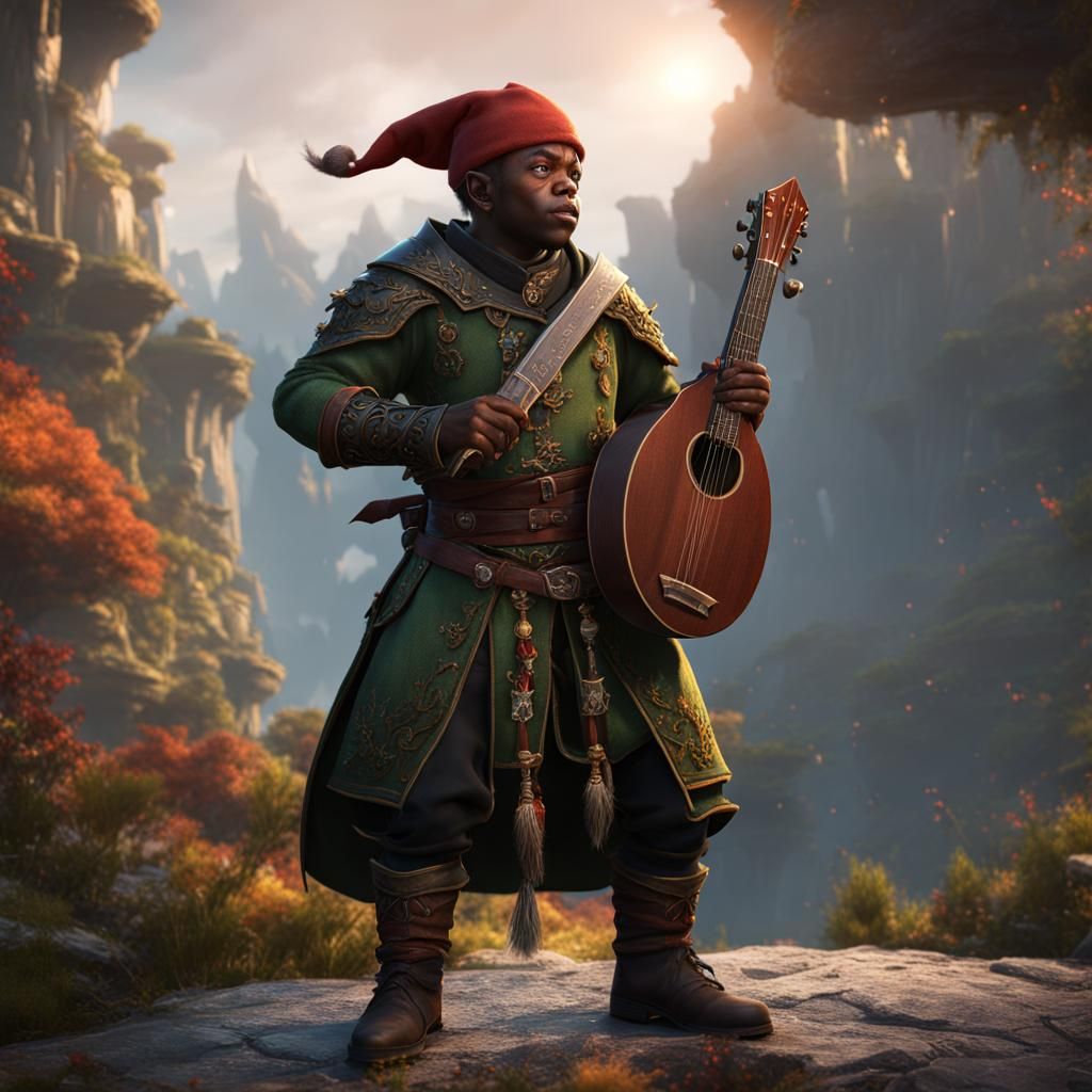 Magical Elf Bard with Down Syndrome in a Fantastical Realm