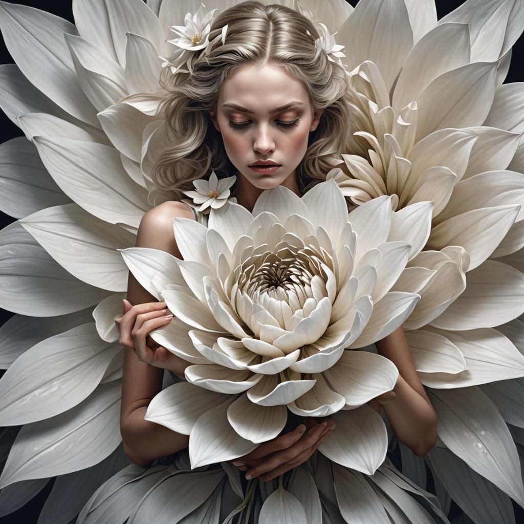 Elegant Silverpoint Fashion Portrait with Enveloping Floral...