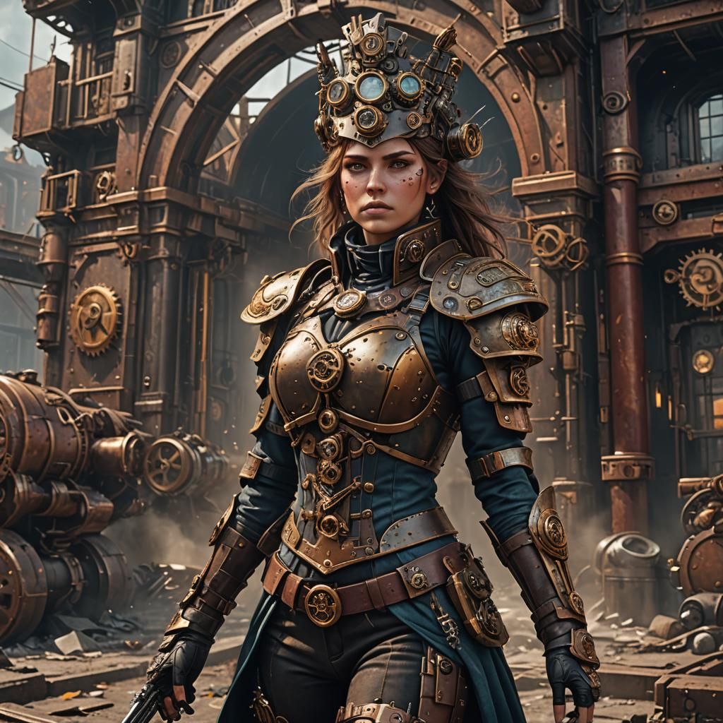 Elegant Steampunk Warrior in a Futuristic Landscape