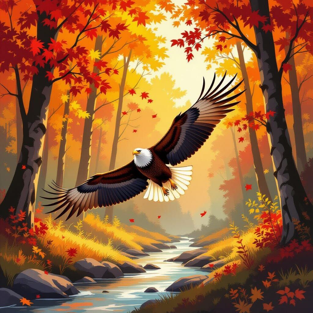Majestic Eagle Soars Through Autumn Forest