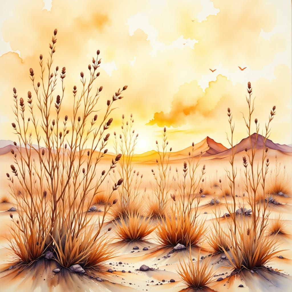 Desert Tumbleweeds in Watercolour and Ink Wash