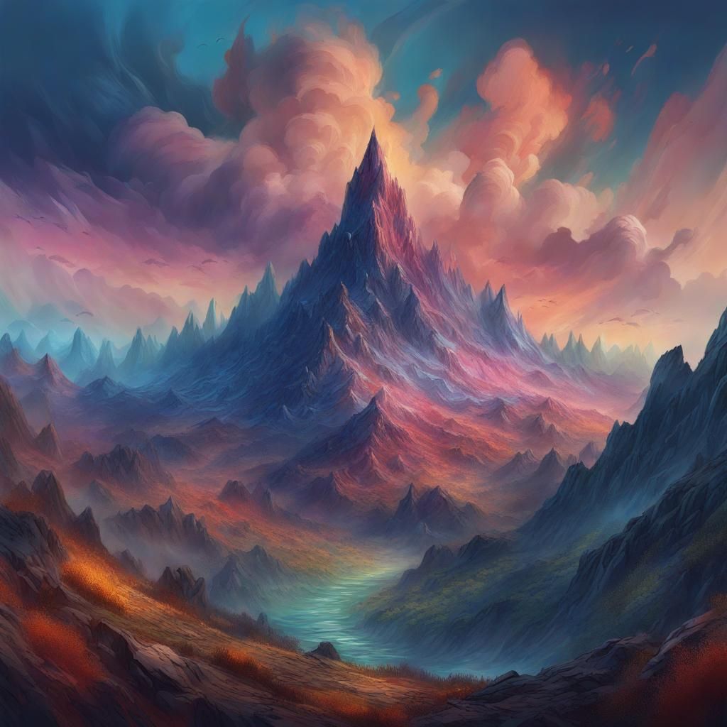 Impressionist Mountain Landscape with Dramatic Skies