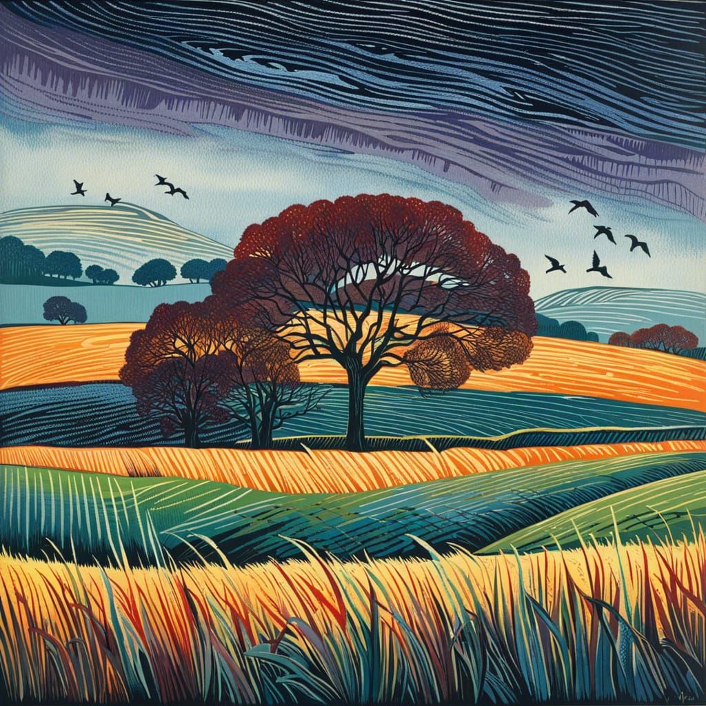 Misty Autumn Fields with Majestic Cranes in a Dim Morning Li...