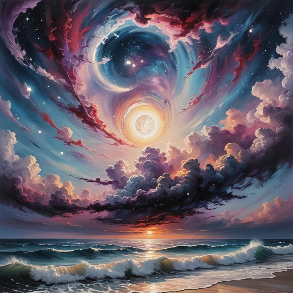 Surreal Galaxy Sky with Radiant Sun and Celestial Sea