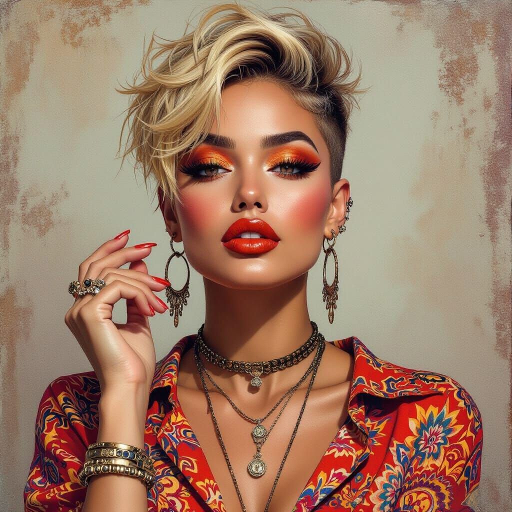 Beautiful Brazilian Woman with Punk Hair, Oil Painting