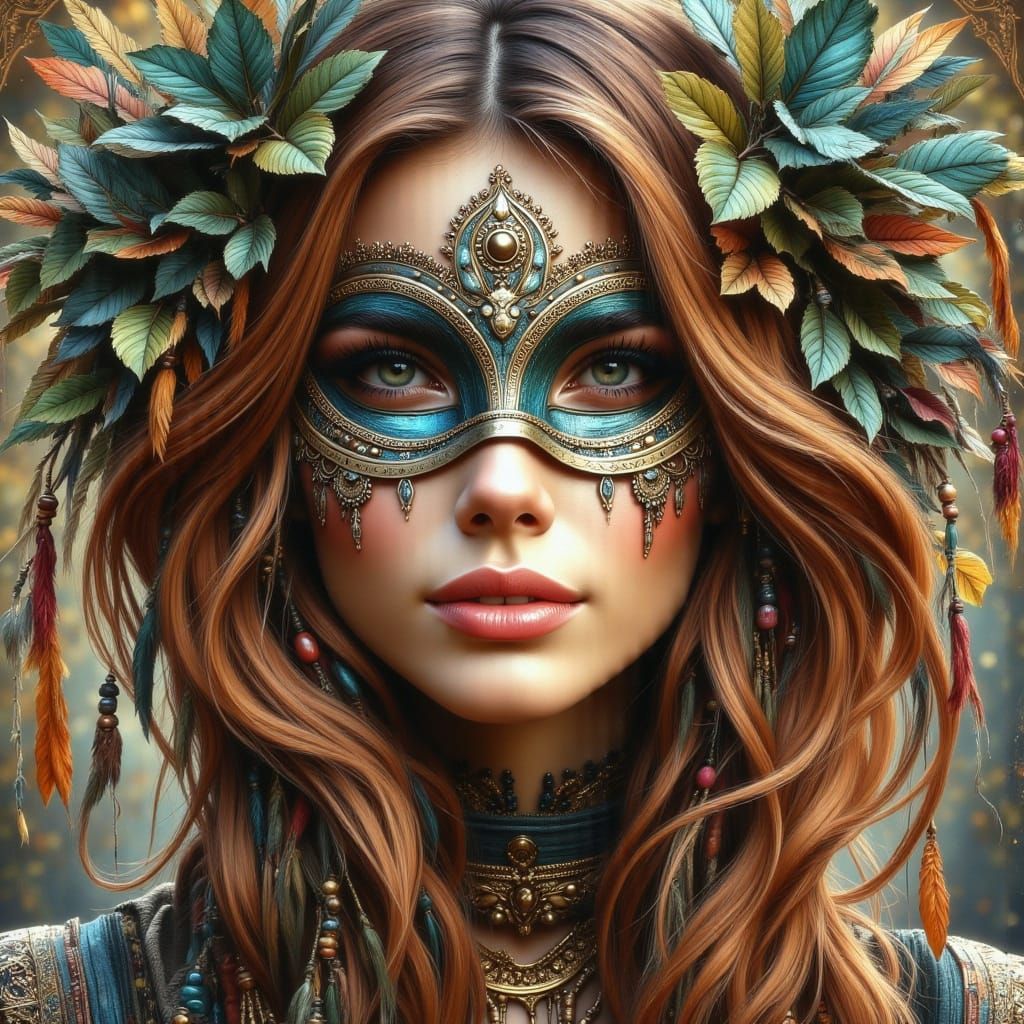 Elegant Lady with Mask in Art Nouveau Style