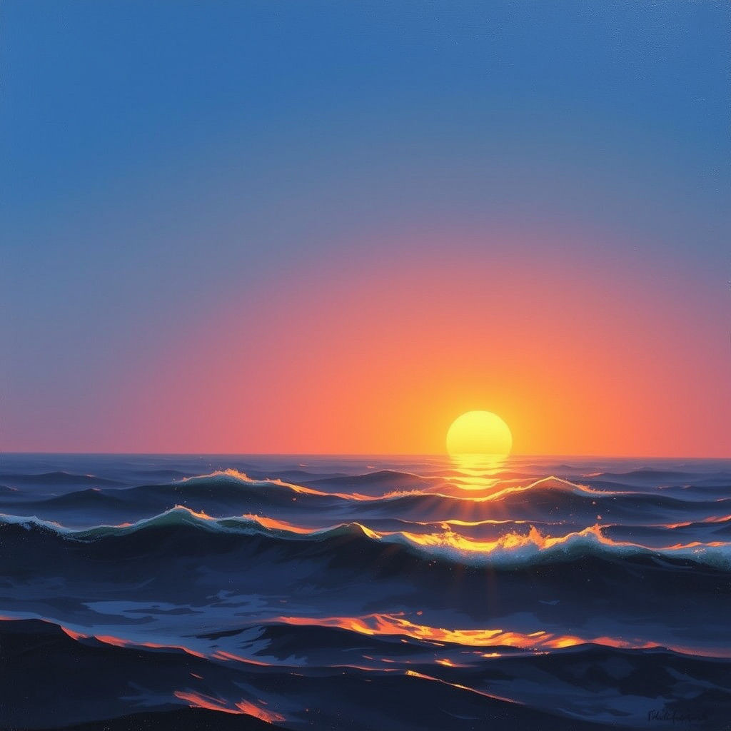 Golden Sunrise Over Calming Sea in Oil Painting Style