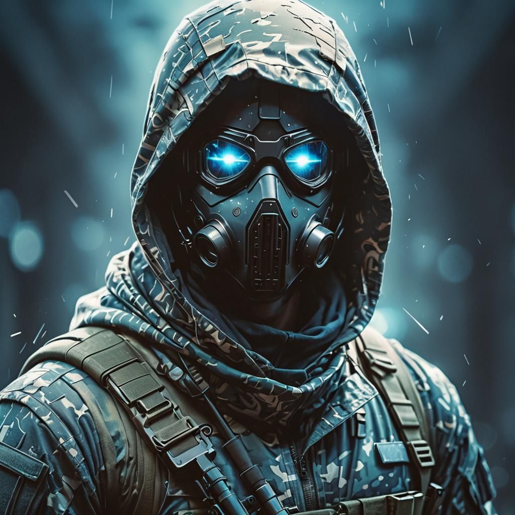 Futuristic Hooded Soldier in Cyberpunk 3D HDR