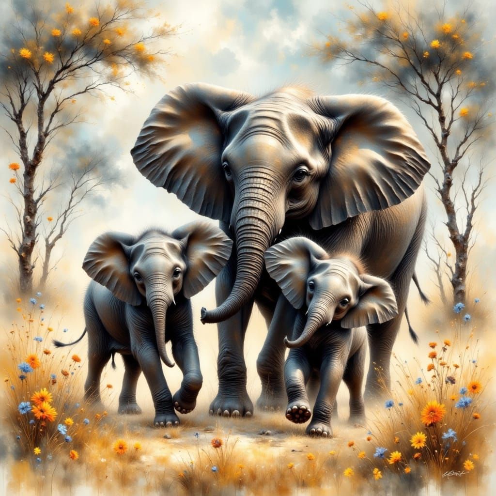 Baby Elephants in Savannah as Impressionist Oil Painting