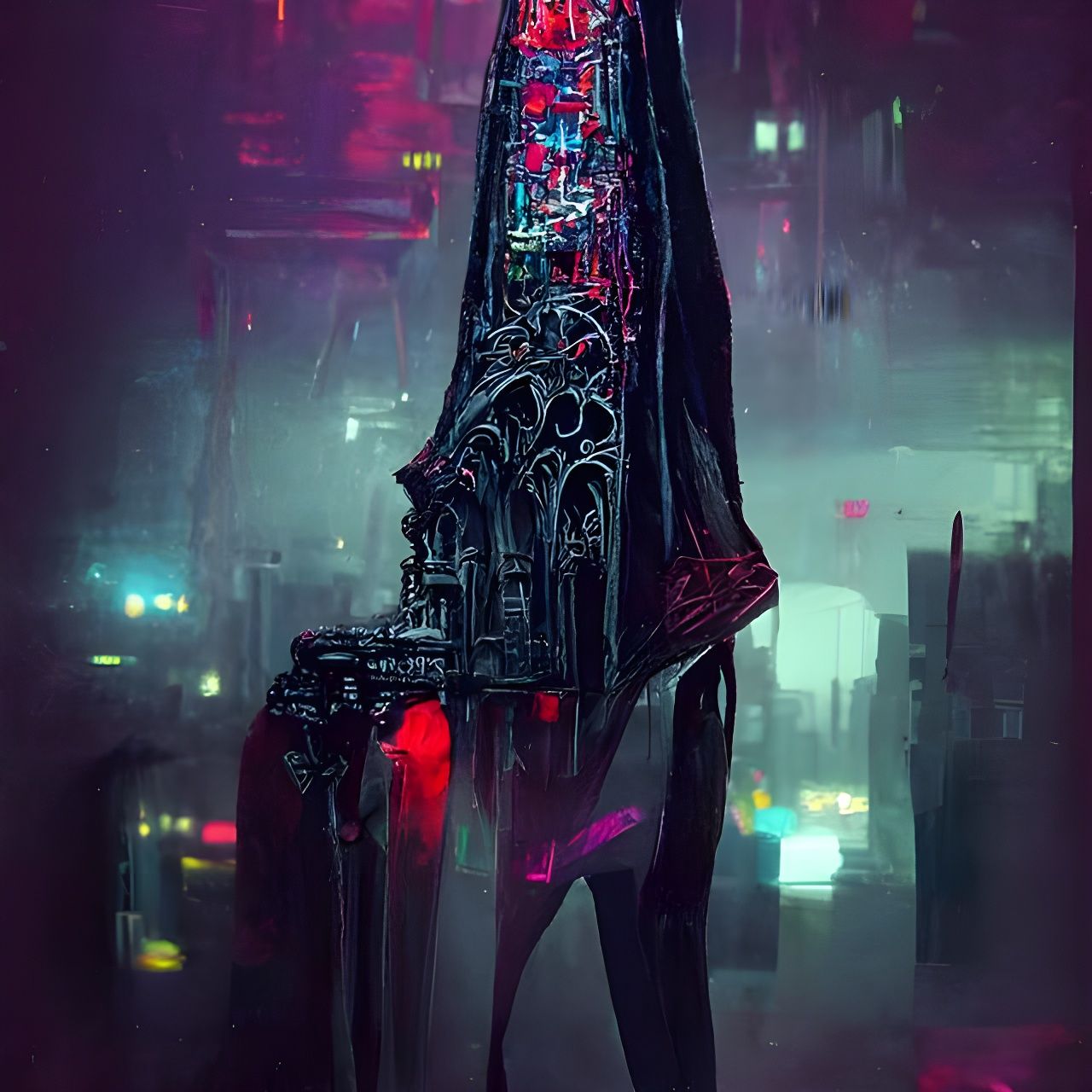 Cyberpunk Gothic Tower in Neon-Lit Darkness