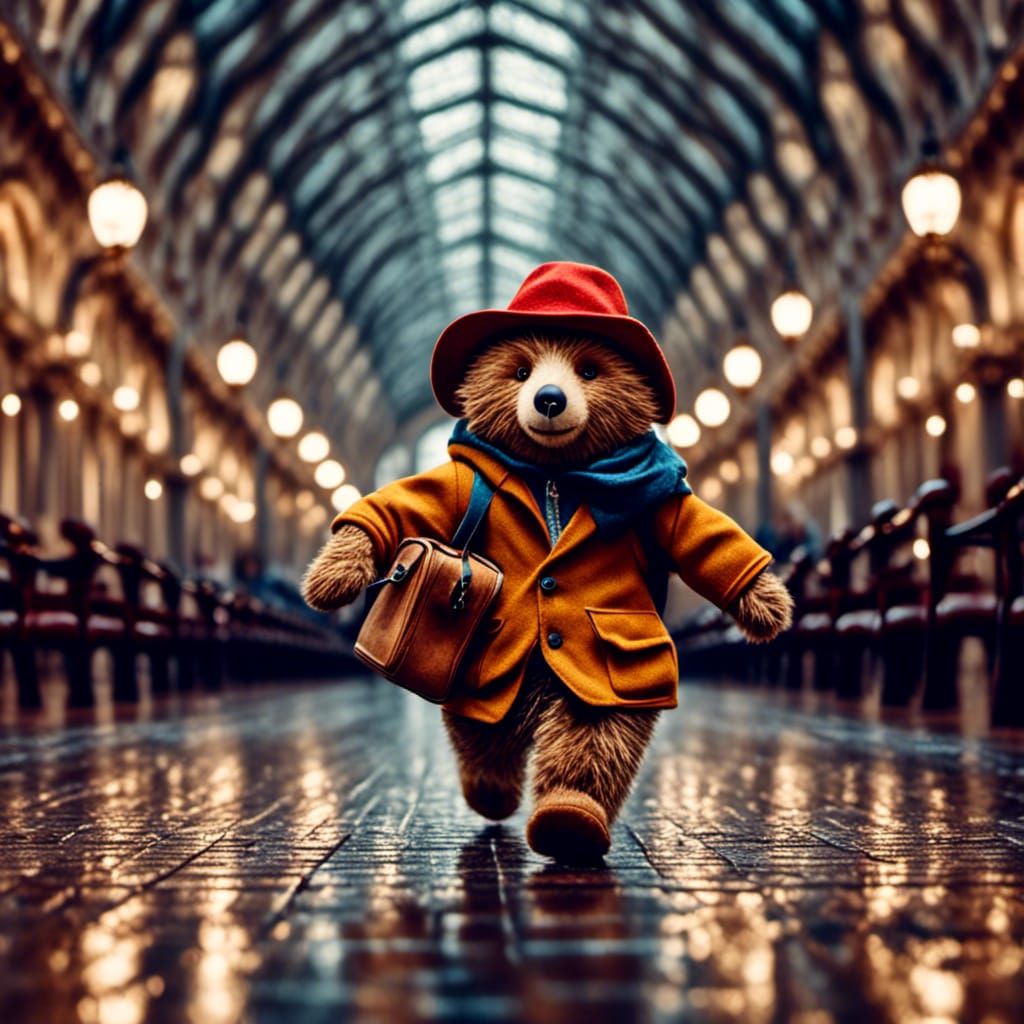 Paddington Bear catching a train