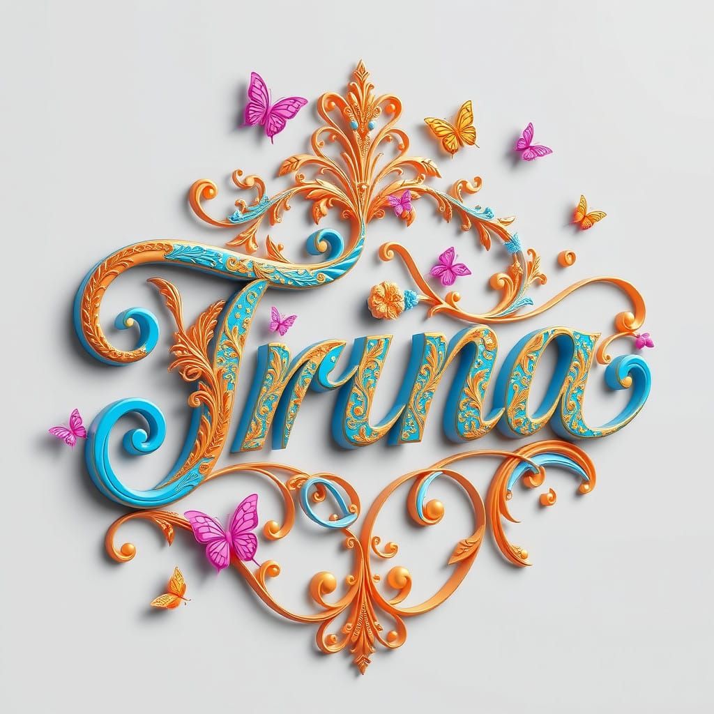 Luxurious 3D Cursive Script with Vibrant Hearts and Patterns