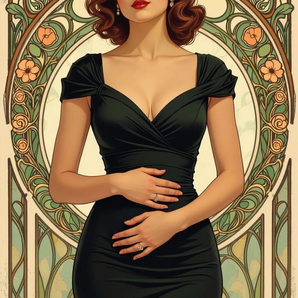 Young Woman with Abdominal Bulge in Art Nouveau Style
