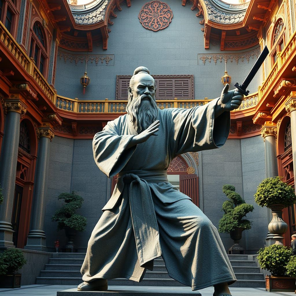 Stone Statue Karate Master in Ornate Courtyard